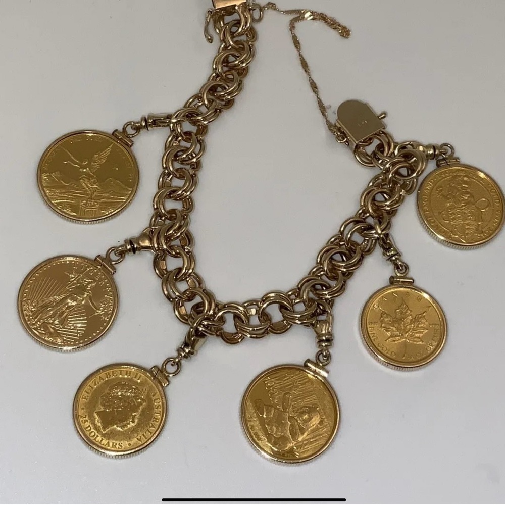 Solid 14 Kt Gold Charm Bracelet With Six Genuine .999 Pure Gold Coins - Picture 3 of 9